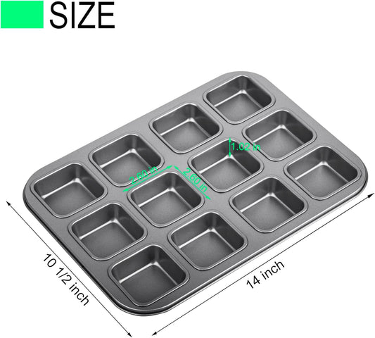 Tiawudi 2 Pack Brownie Pan, Non-stick Bakeware for Bread and Loaf, Heavy Duty Carbon Steel Mini Muffin Pan, 12-Cavity