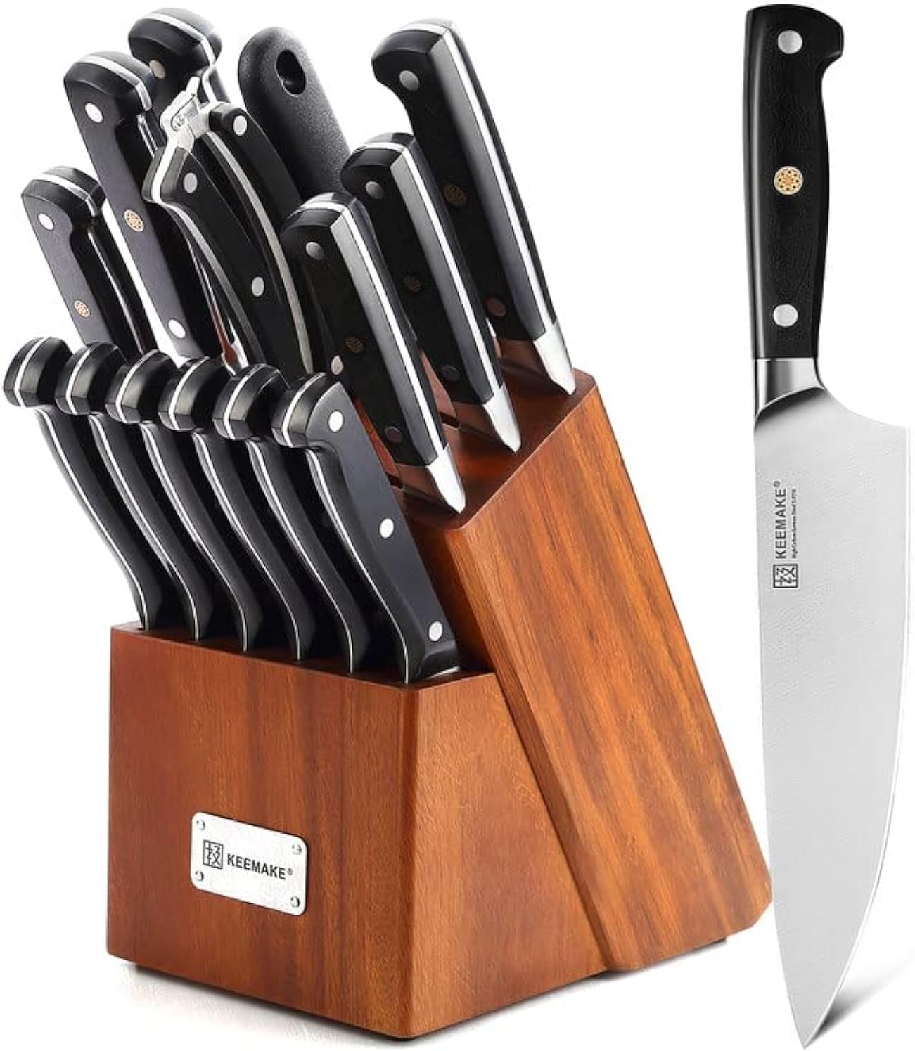 KEEMAKE Knife Block Set, 15Pcs High Carbon Stainless Steel Kitchen Knife Set with Block, Ultra Sharp Knives Set for Kitchen with Knife Sharpener Kitchen Scissors, Forged Chef Knife Set