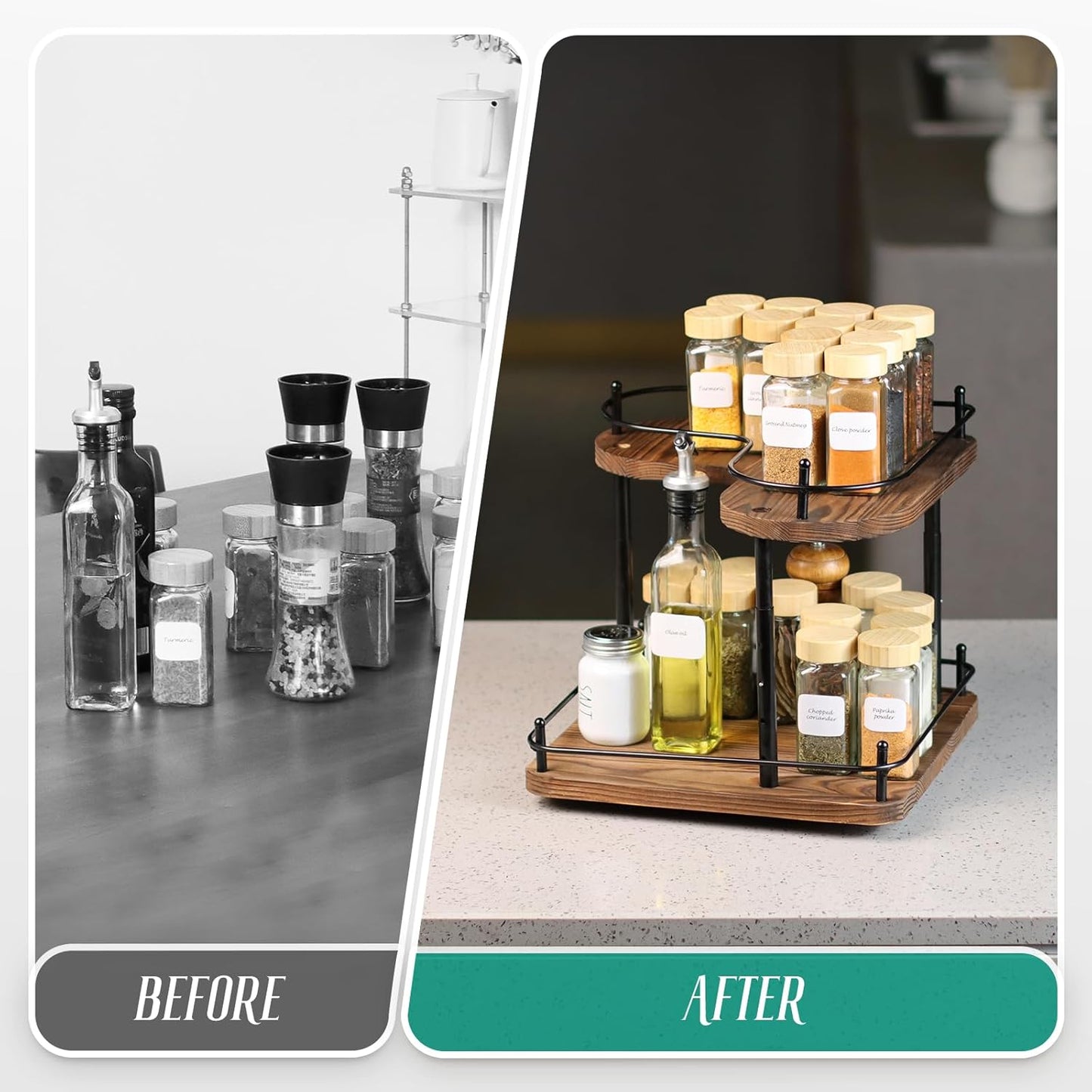 Wooden Spice Rack Organizer Lazy Susans Rotating Countertop 2 Tiered Display Shelf Kitchen Adjustable Height Spinning Spice Rack 11.8INCH Large Capacity Pine Wooden