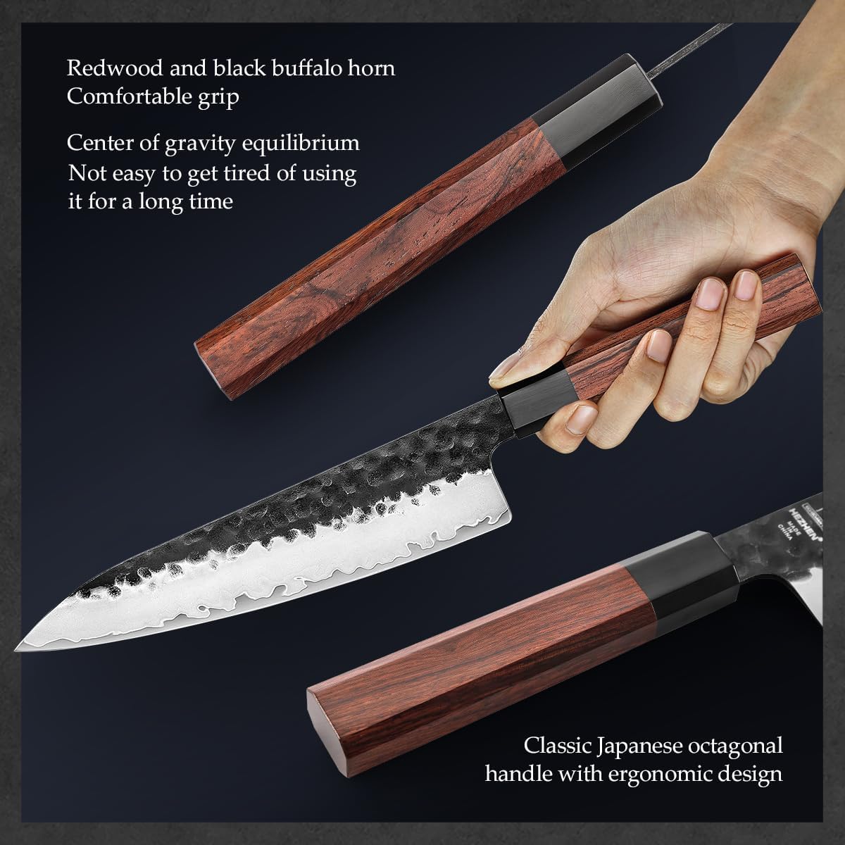 HEZHEN- 8.5 inch Chef Knife,3 Layers High Carbon Composite Forging Steel,Razor Sharp Kitchen Knife, Redwood Octagonal Handle With Wooden Knife Sheath with Premium Gift Box