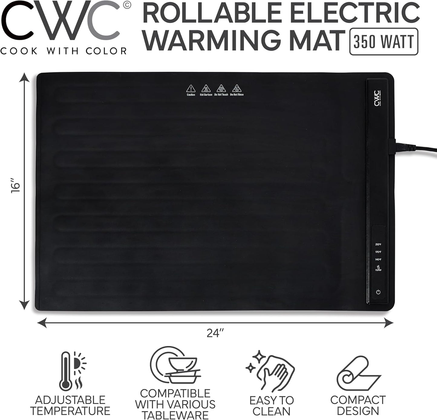 COOK WITH COLOR 350W Electric Food Warming Mat - Portable Food Warmer Tray with Adjustable Temperature, Fast 60-Second Heating, Auto Shut-Off, Rollable Silicone Pad for Parties & Everyday Use, Black