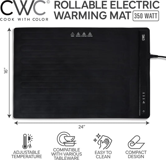 COOK WITH COLOR 350W Electric Food Warming Mat - Portable Food Warmer Tray with Adjustable Temperature, Fast 60-Second Heating, Auto Shut-Off, Rollable Silicone Pad for Parties & Everyday Use, Black