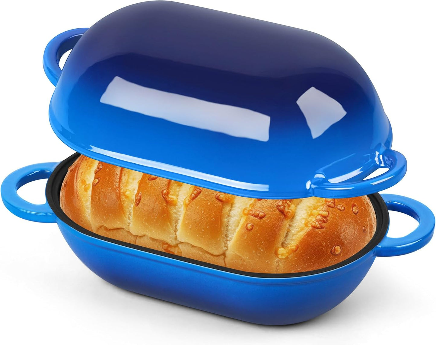 Homikit Enameled Cast Iron Dutch Oven for Bread Baking, 2.8 QT Oval Bread Oven Pot with Lid, Sourdough Loaf Iron Dutch Oven Pan for Roasting Cooking, Blue & Heavy Duty