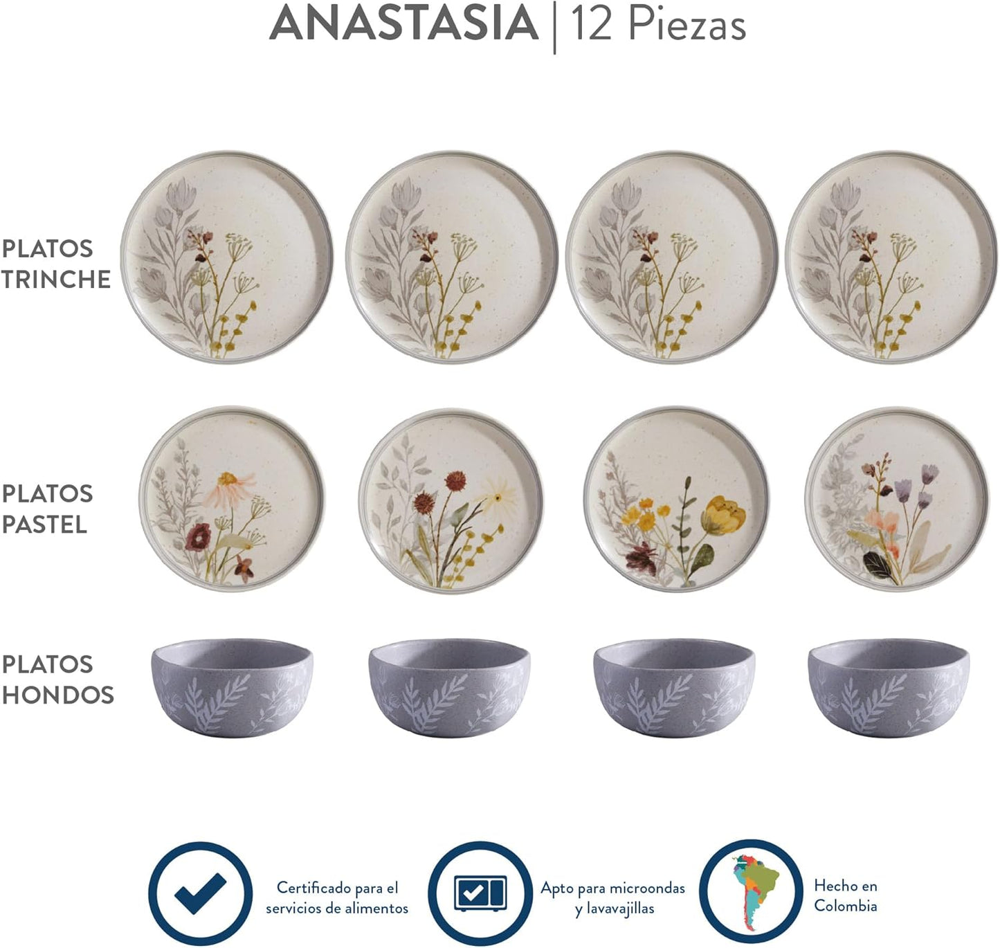 Corona 12–piece Delicate Floral Design Ceramic Dinnerware Sets | Plates and Bowls | Service For 4 | Anastasia