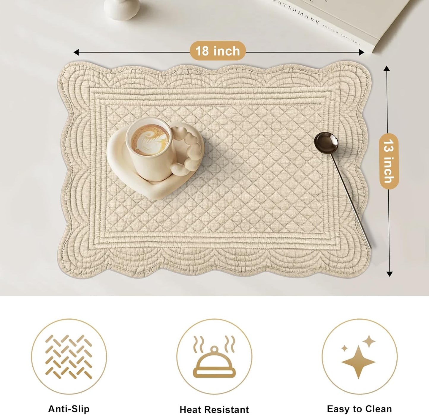 6 PC Quilted Placemats, 18"X13"Extra Large Cotton Placemats Set of 6, 100% Cotton Fabric Washable Cloth Table Mats for Kitchen & Dining Table - Soft &Easy Clean(Flax, Rectangular)