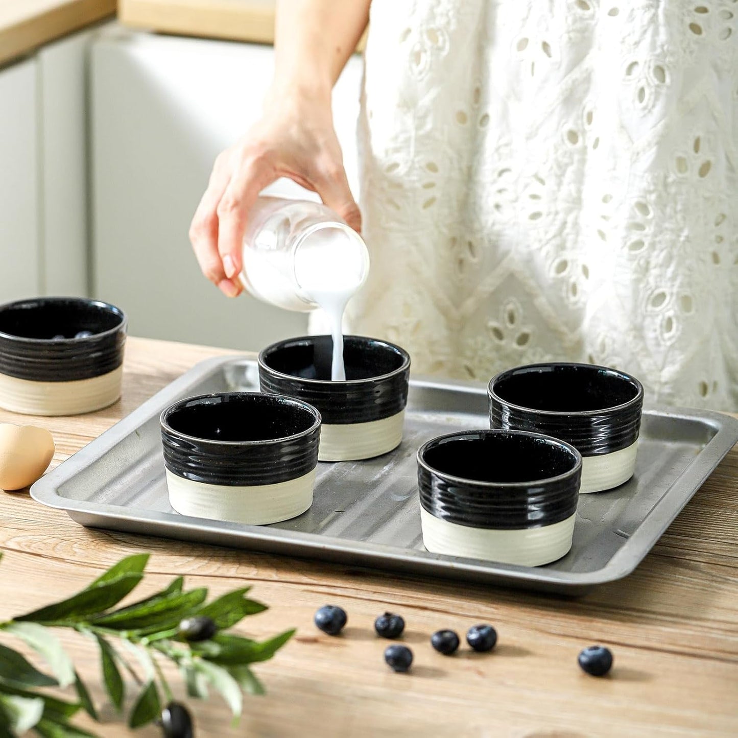 Ramekins 6 OZ for Creme Brulee Oven Safe,Ceramic Souffle Cups Set of 6,Small Dipping Sauce Cups for Charcuterie,Dessert,Dipping Sauce,Custard and Pudding,Microwave & Oven Safe,Patchwork Black