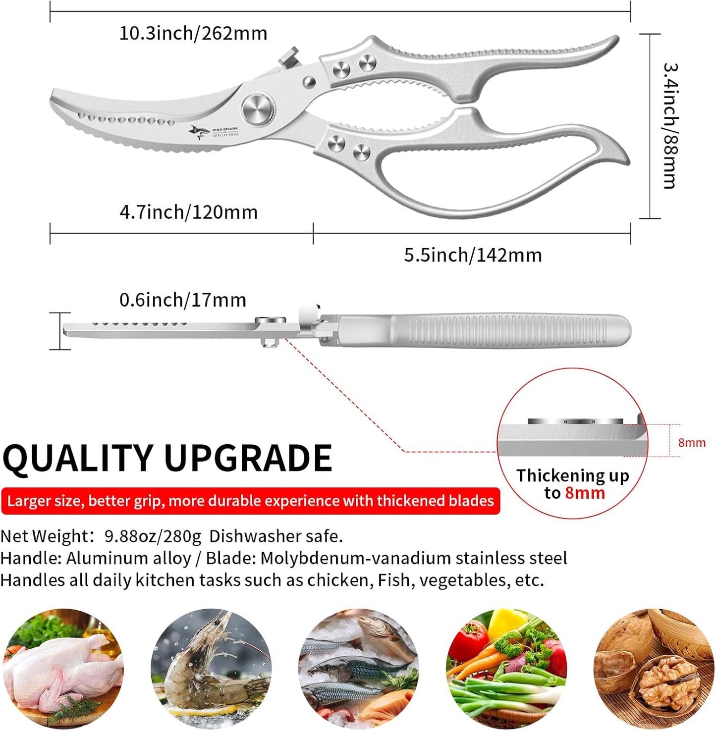 MAD SHARK Heavy Duty Poultry Shears, Kitchen Shears with Non-Slip Handle & Safety Lock, All Purpose Kitchen Scissors for Chicken, Meat Cutting, Turkey, Fish, Vegetables, Spring Loaded, Dishwasher Safe