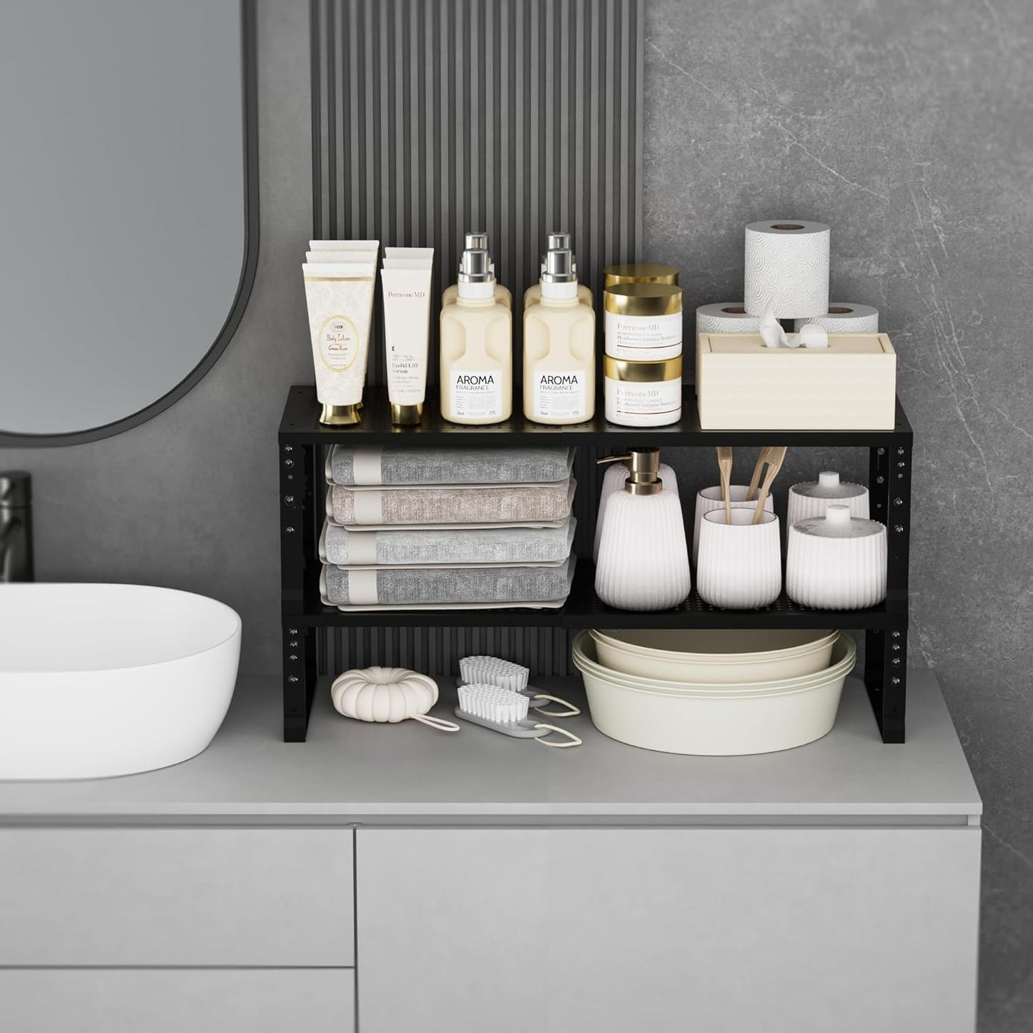 Expandable Spice Rack Kitchen Cabinet Shelf Organizer, Stackable Storage Shelves Racks, Adjustable Counter Shelving for Cabinets, Countertop, Cupboard,Pantry and More.(1Pack/Black/Medium)