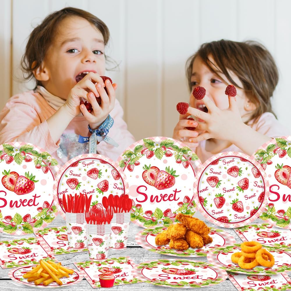 140 Pcs Strawberry Birthday Decorations Berry First Birthday Decorations Strawberry Themed Plates Cups and Napkins Sets Serves 20