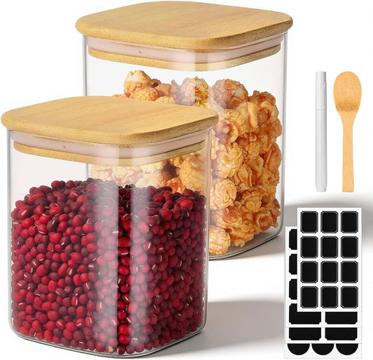Square Glass Jars with Bamboo Lids, 2 Pack 29 Fl.oz Glass Canister with Lids, Clear Flour Sugar Storage Containers Food Jars for Tea, Coffee Bean, Cereal - Set Includes Labels, Marker and Spoon
