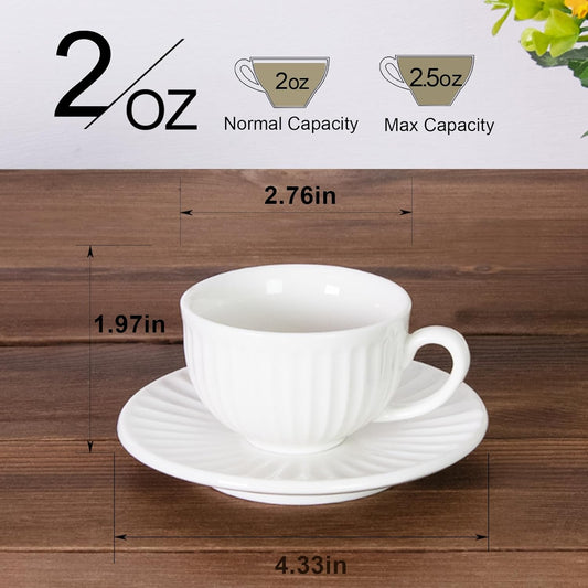 2 oz White Espresso Cups Set of 2, Ceramic Cappuccino Cups with Saucers, Durable Porcelain Tea Set & Modern Coffee Cup Collection, Coffee Lover Gifts