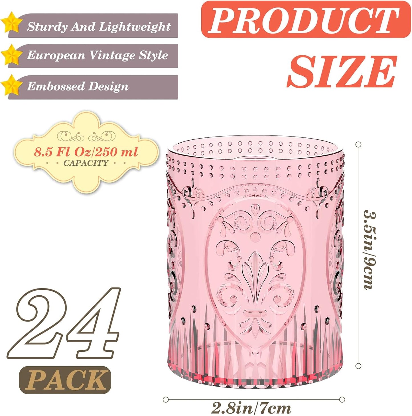 24 Plastic Vintage Drinking Glasses 8.5oz Stemless Retro Embossed Wine Glasses Shatterproof Reusable Cups for Baby Shower Wedding Reception Grand Event Party (Pink)