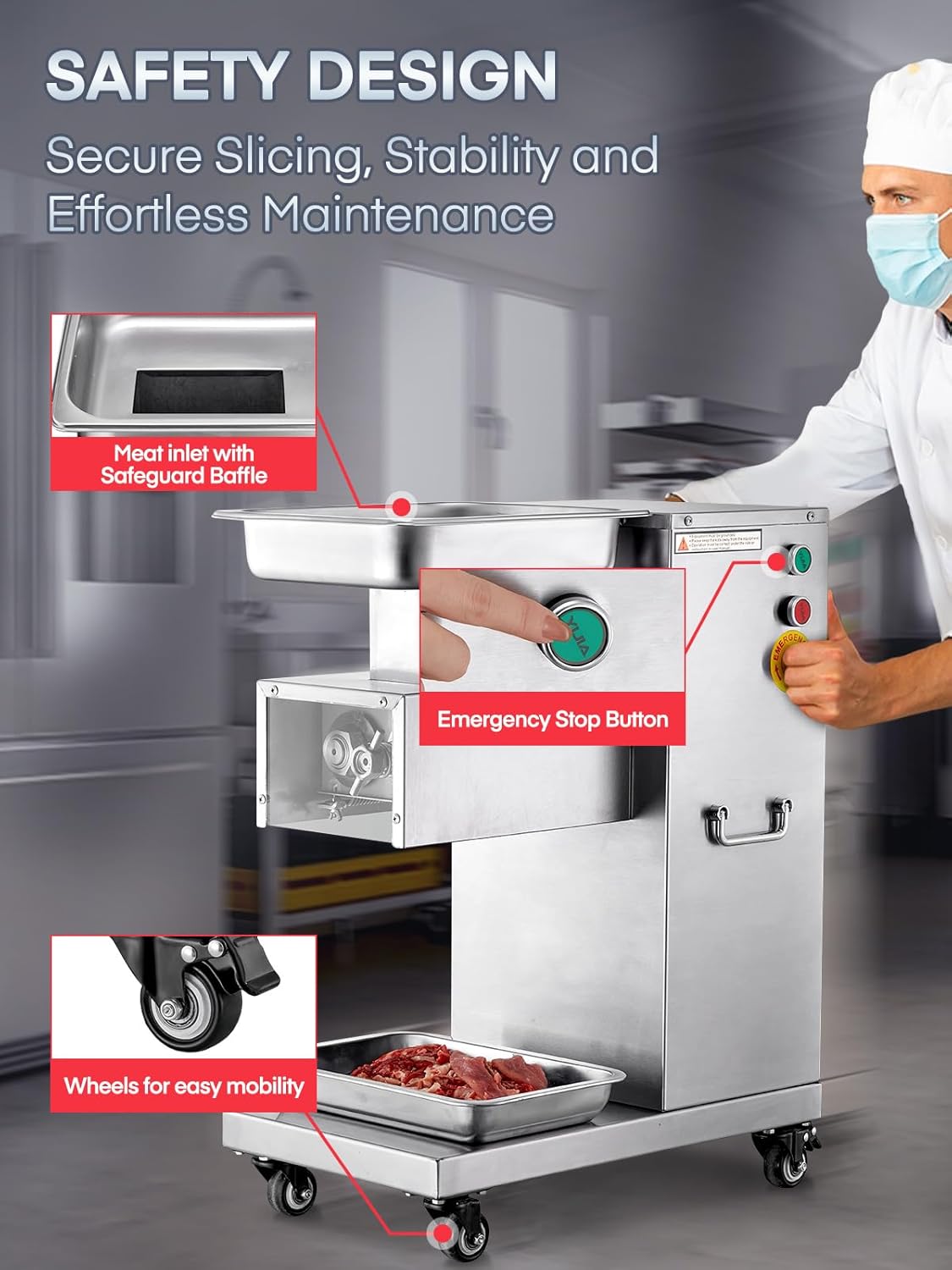 Meat Cutter Machine Commercial, Fresh Meat Slicer with 3 mm 2 Blades Removable, Meat Cutter with 1200Lbs/H 110V Stainless Steel