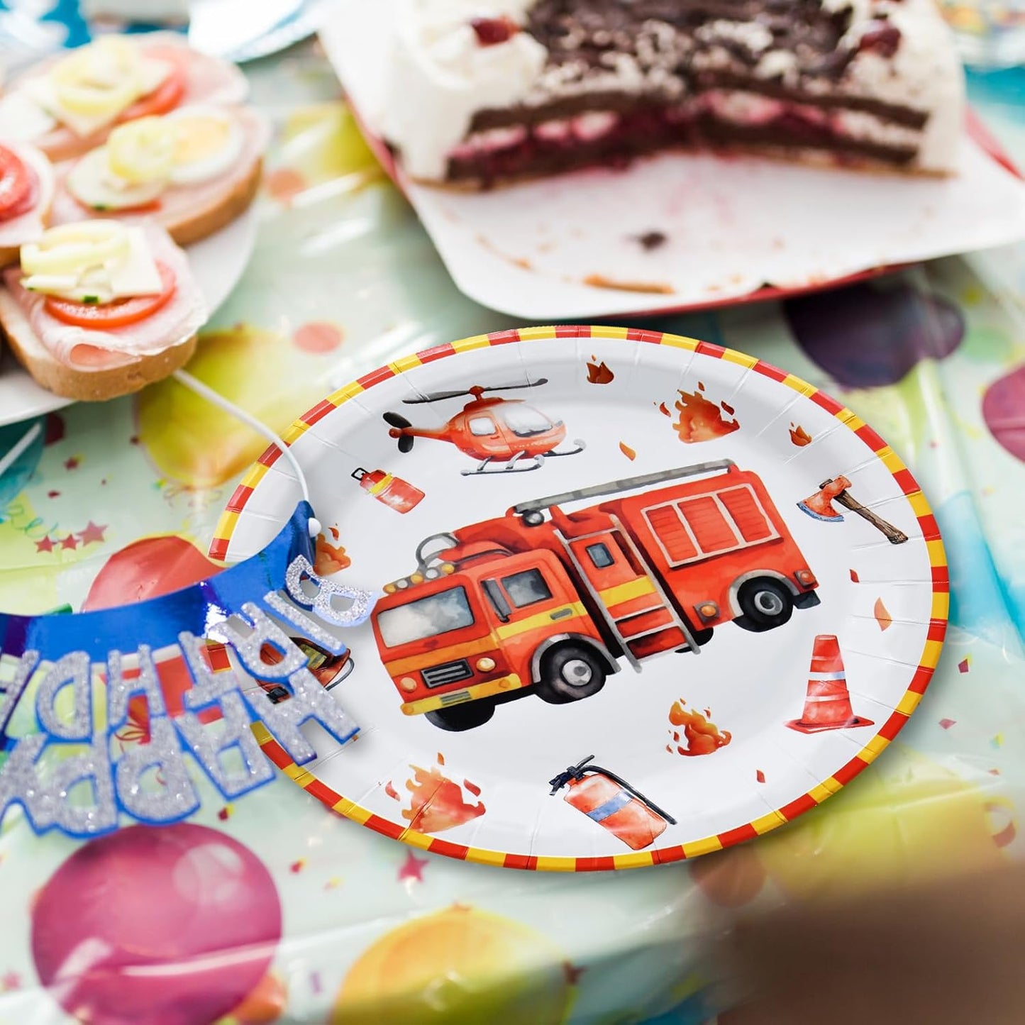 96 Pcs Firetruck Tableware Set – Disposable Firefighter Theme Dinnerware with Paper Plates, Napkins, and Red Forks for Kids Boys Birthday Party Decorations – Serves 24