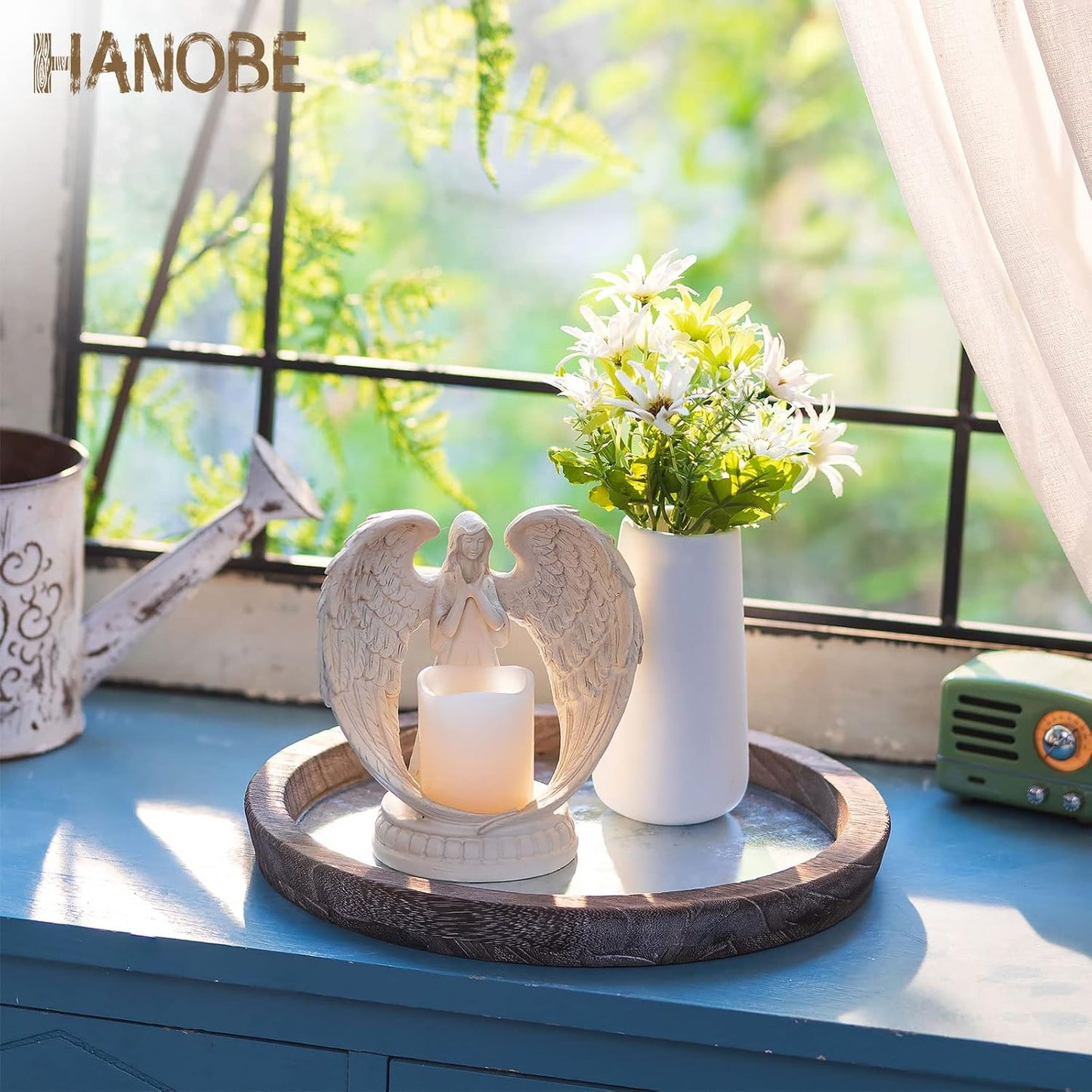 Hanobe Round Wood Decorative Tray: Set of 2 Farmhouse Wooden Galvanized Trays for Coffee Table Centerpiece Rustic Vintage Candle Platter for Ottoman Home Decor Kitchen Bathroom Bar Countertop