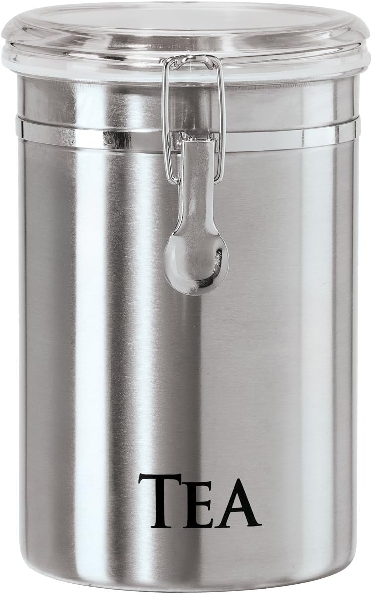 Oggi Stainless Steel Tea Canister 62 fl oz - Airtight Clamp Lid, Clear See-Thru Top - Ideal for Tea Bag, Loose Tea, Kitchen Storage, Pantry Storage. Large Size 5" x 7.5".