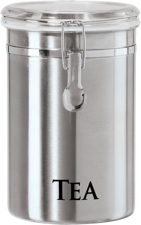 Oggi Stainless Steel Tea Canister 62 fl oz - Airtight Clamp Lid, Clear See-Thru Top - Ideal for Tea Bag, Loose Tea, Kitchen Storage, Pantry Storage. Large Size 5" x 7.5".