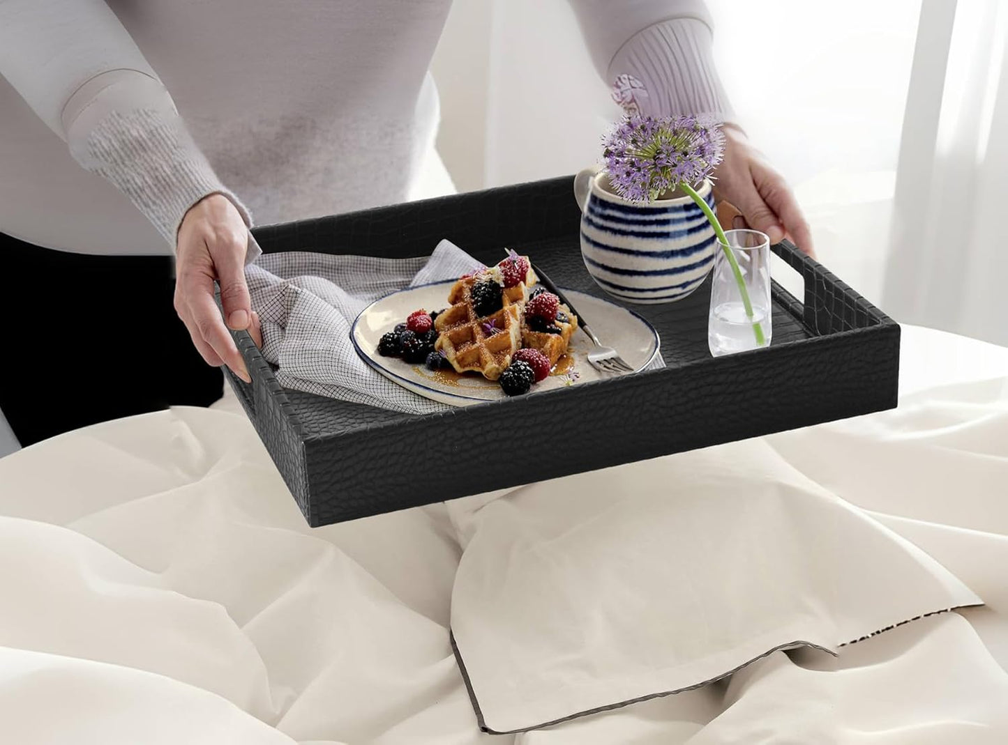 HofferRuffer Rectangle Serving Tray with Hole Handles for Coffee Table, Breakfast, Tea, Food, Butler - Countertop, Kitchen, Vanity Serve Tray, 16.2 x 12.2 x 2 inches, Faux Leather (Black Croco)