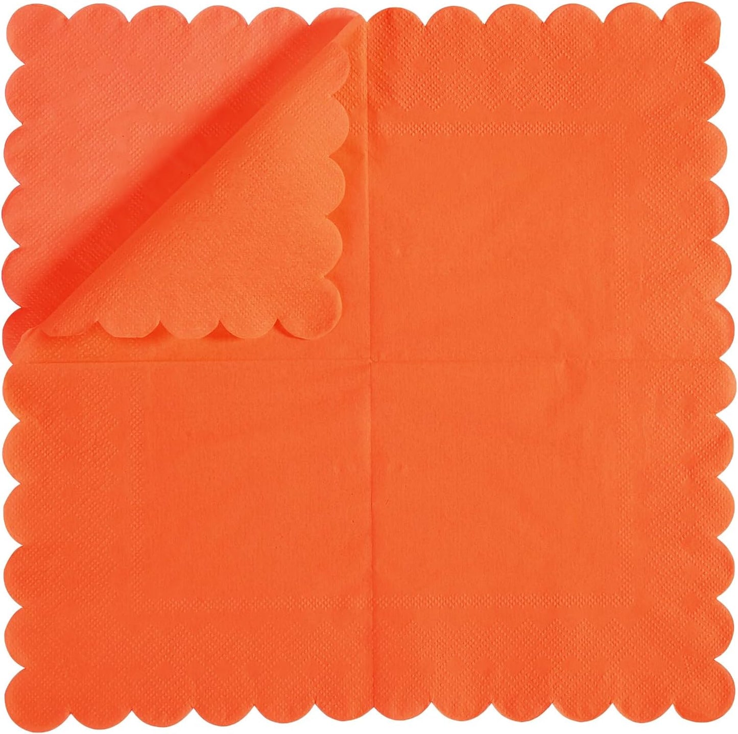 100 Pack Cocktail Napkin 2-Ply Scalloped Edged Dessert Napkins Folded 5 x 5 Inches Disposable Napkins for Dinner Wedding Birthday Party Bridal Anniversary Reception Event (Orange)