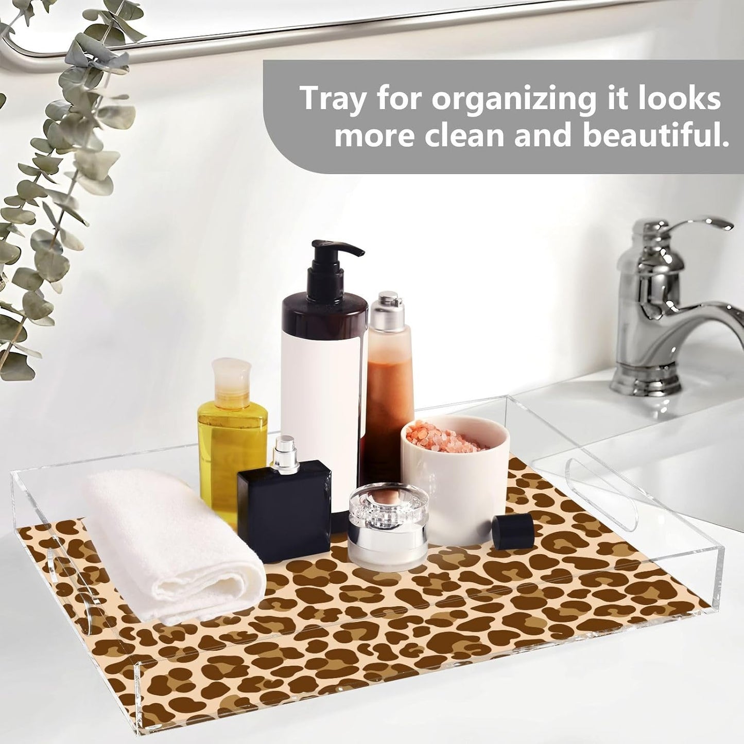 Acrylic Serving Tray with Handles Spill Proof Kitchen Storage Tray Clear Decorative Tray Makeup Drawer Organizer Storage Tray for Bathroom Living Room Ottoman 15.7x11.8Inches