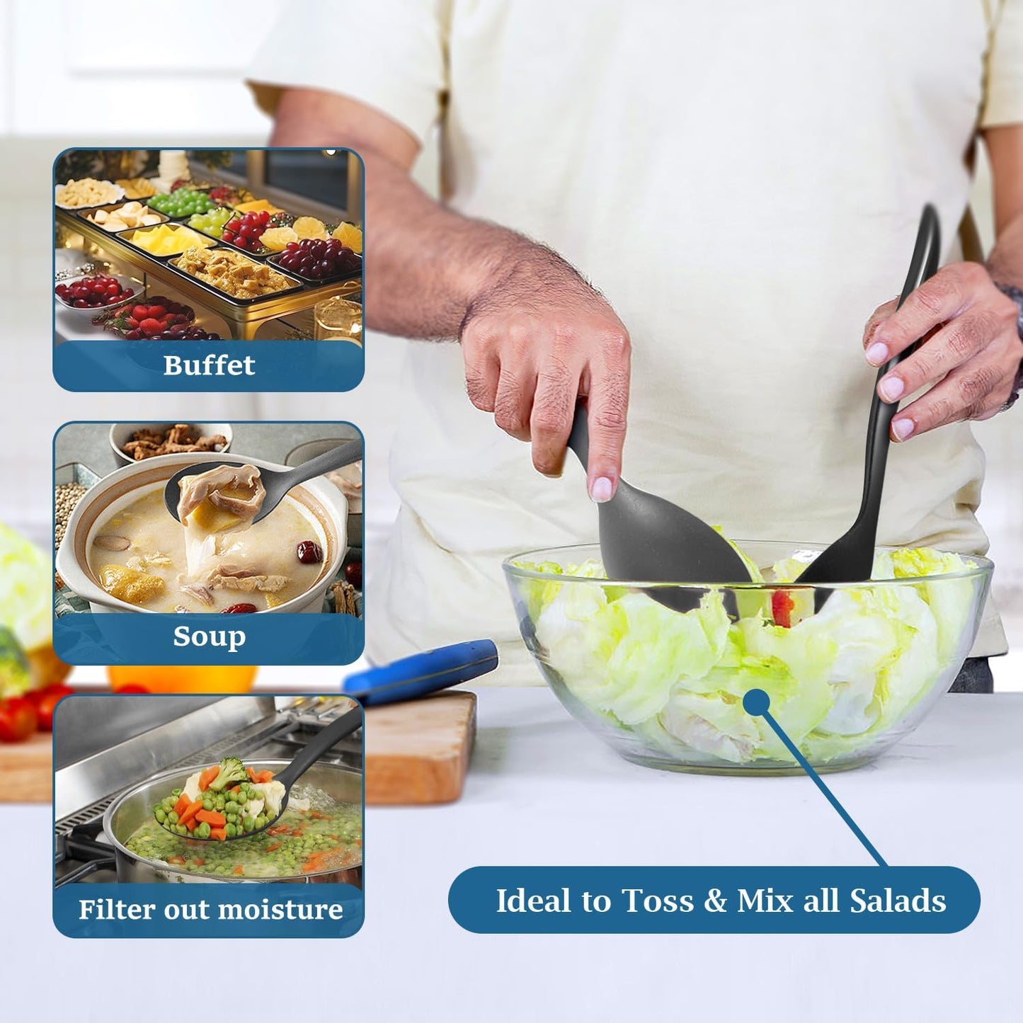 8 Pack 10" Large Reusable Plastic Wheat Straw Serving Spoon Set, 4 Serving Spoons & 4 Slotted Spoons, Kitchen Mixing Serving Spoon for Buffet Chafing Dish Catering (Gray Ombre/Not for Cooking)