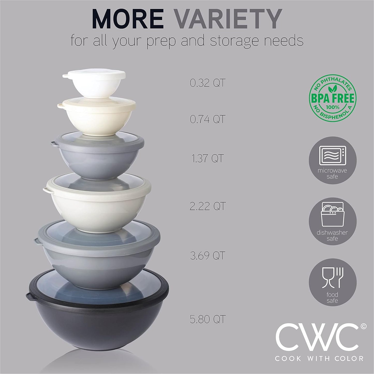 COOK WITH COLOR Mixing Bowls with TPR Lids - 12 Piece Plastic Nesting Set includes 6 Prep and Lids, Microwave Safe Bowl (Black Ombre)