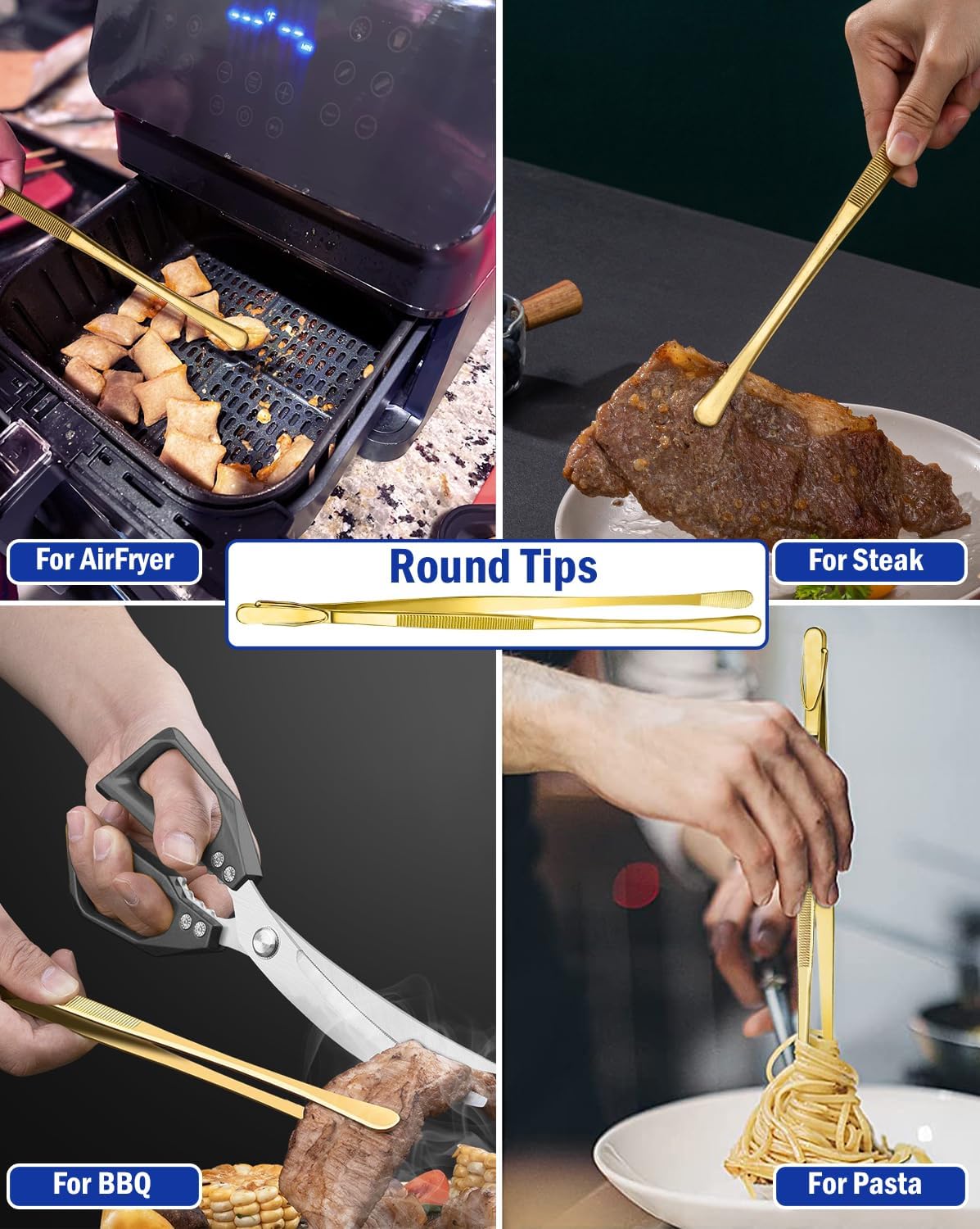 JETKONG 4 Pcs Kitchen Tweezers, 12'' and 10'' Stainless Steel Cooking Tweezers Set, High-Precision Tweezers Tongs for Cooking, Repairing, Seafood and BBQ (Gold)