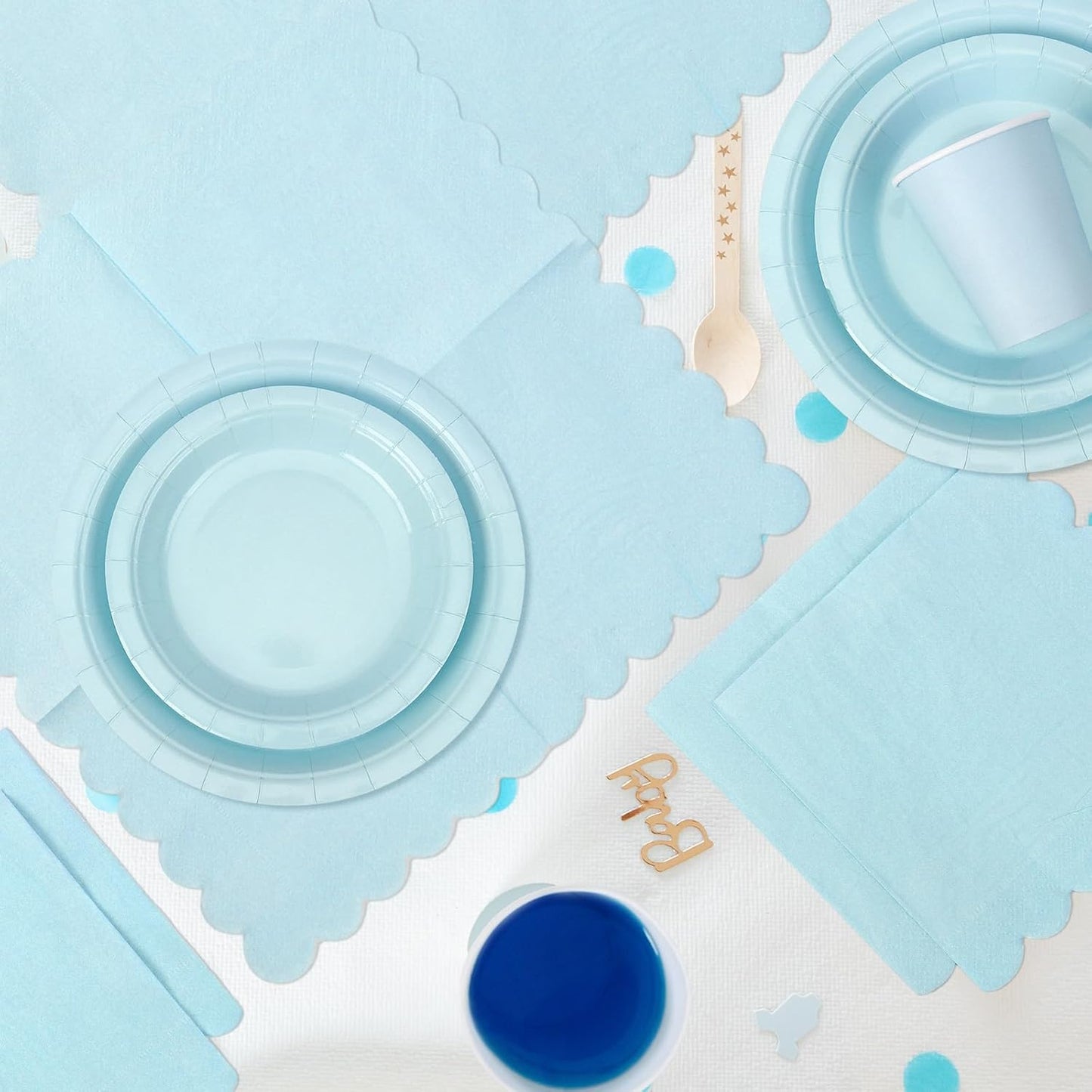 150 Pcs Disposable Party Dinnerware Supplies Set Includes 7'' 9'' Disposable Paper Plates 9oz Paper Cups Scalloped Cocktail Napkins for Baby Shower Birthday Wedding(Light Blue)