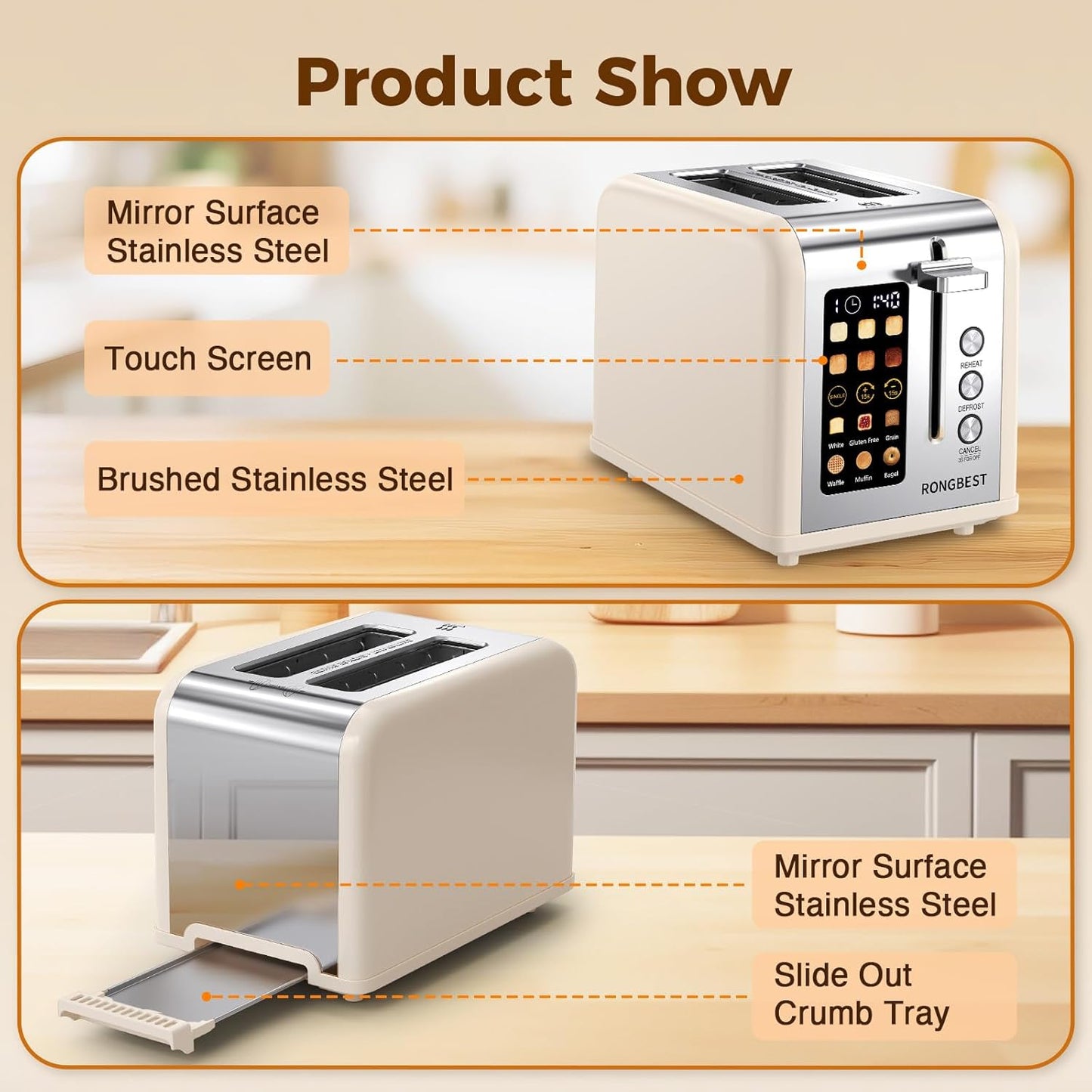 2 Slice Touch Screen Toaster, Stainless Steel Toaster with Wide Slots for Bagels and Bread, Reheat/Defrost/Cancel Functions, Removable Crumb Tray, Cream Color