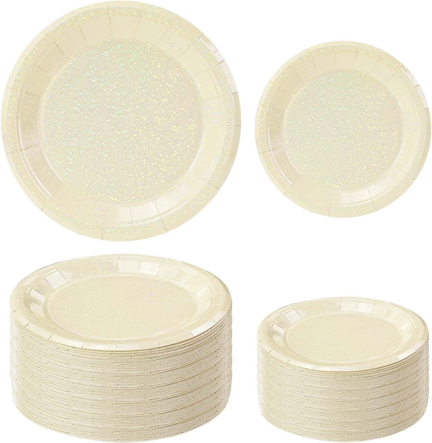50 Pcs Iridescent Ivory Paper Plates 25 × 7'' and 25 × 9'' Disposable Ivory Shiny Holographic Foil Dinner Plates for Wedding Baby Shower Birthday Disco Party Glitter Dessert Plate