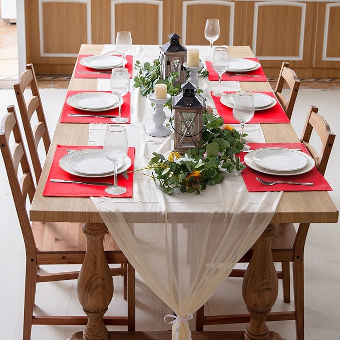 Linen Type Fabric Placemats Set of 4, Machine Washable, Heat Resistant, Wrinkle Free Thick Polyester Kitchen Place Mats for Dining Table (Red)