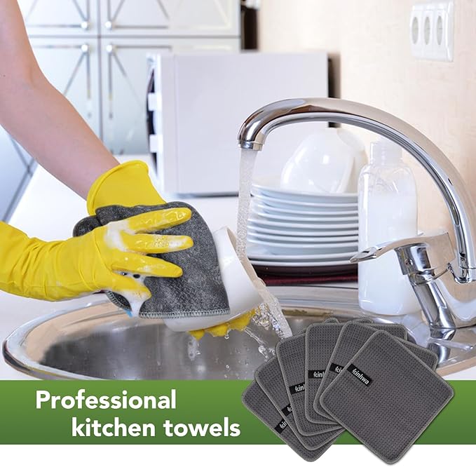 KinHwa Dish Cloths for Washing Dishes Kitchen Towels Microfiber Dish Towels for Kitchen Dish Towels Absorbent 8inch x 8inch 6 Pack (Gray, 8in x 8in)