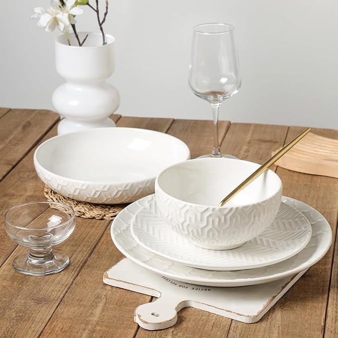 Sureasy Ceramic Plates and Bowls Sets, 24 Pieces Dinnerware Sets for 6, Embossed Scratch Resistant Dinner Set, Dishwasher and Microwave Safe, White
