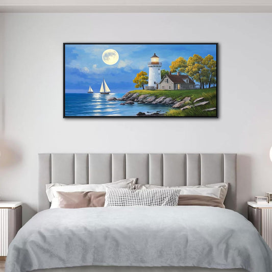 CHATYOUNG Large Coastal Wall Art - Blue Ocean Lighthouse Sailboat Tree Landscape Canvas Picture Nature Navigation Paintings Artwork for Living Room Bedroom Office Home Frame Decor 24"X48"