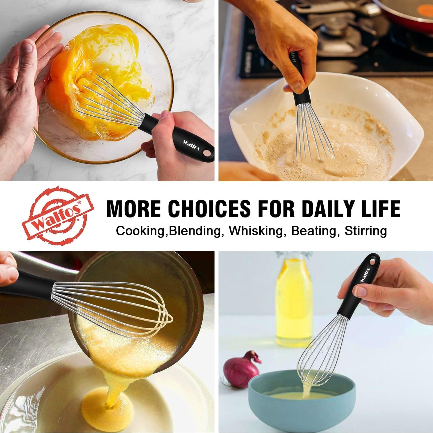 Walfos Mini Stainless Steel Whisk for Cooking - Heat Resistant Kitchen Whisks for Non-stick Cookware, Balloon Egg Beater Perfect for Blending, Whisking, Beating, Frothing & Stirring, 5+7in/12+17cm