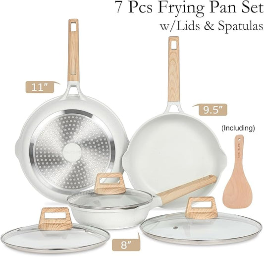 ESLITE LIFE Frying Pans Set with Lids Nonstick Skillets Set Egg Omelette Pans, Healthy Ceramic Coating Cookware Chef's Pan, Compatible with All Stovetops, PFOA Free (White,7-Piece)