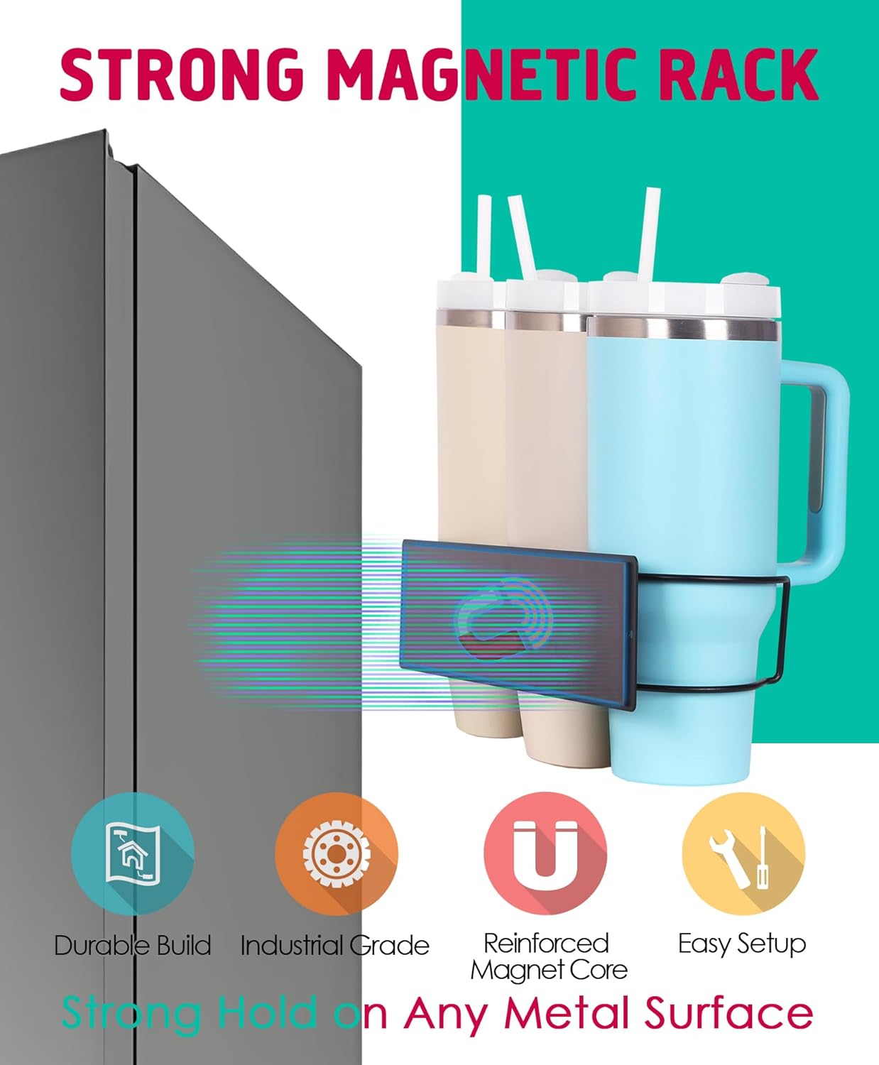 Magnetic Tumbler Holder for Stanley, Magnetic Cup Organizer for Refrigerator, Compatible with Stanley 30oz & 40oz Tumblers, Water Bottle Magnetic Rack (Black, 6 Tumblers& 2 Lid Holder)