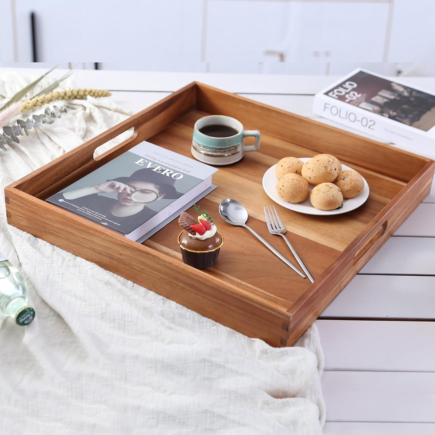 Ottoman Tray for for Living Room Extra Large Wooden Serving Trays for Ottoman 22-INCH Square Wood Trays with Handles Decorative Trays for Serving, Breakfast, Coffee Tea, Appetizers