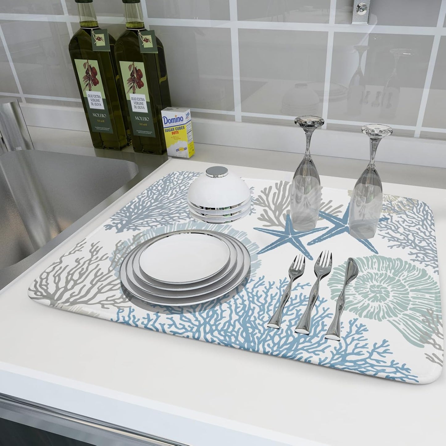 Coastal Dish Drying Mats for Kitchen Counter Large Drying Mat for Dishes Microfiber Sea Star Coral Nautical Dish Rack Mat Summer Drainer Pad Washable Foldable Ultra Absorbent Dry Mat 18×24 Inch