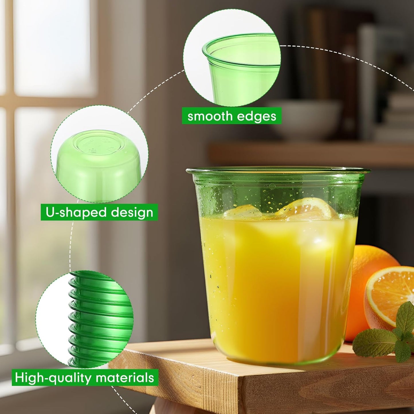 Disposable Stemless Glasses 12oz Crystal Plastic Wine Glasses Clear Classic Pet Cup for Meeting Weddings Birthdays Cocktail Christmas Party Supplies(Green,50 Pcs)