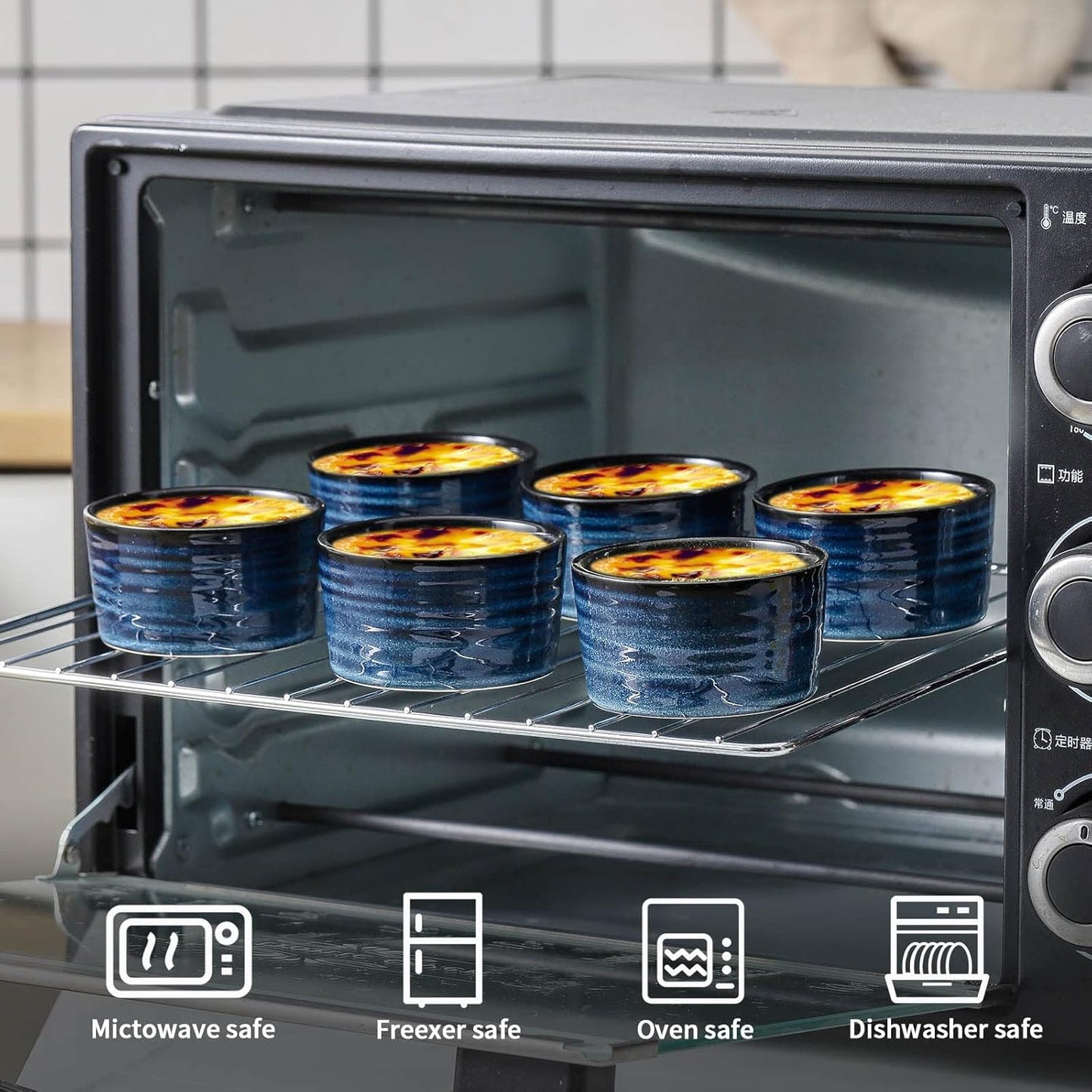 Hasense 4 oz Ramekins Oven Safe,Ceramic Creme Brulee Dish for Baking Set of 6,Porcelain Dipping Sauce Bowls for Pudding, Souffle,Serving Dip,Custard,Ice Cream(Blue)