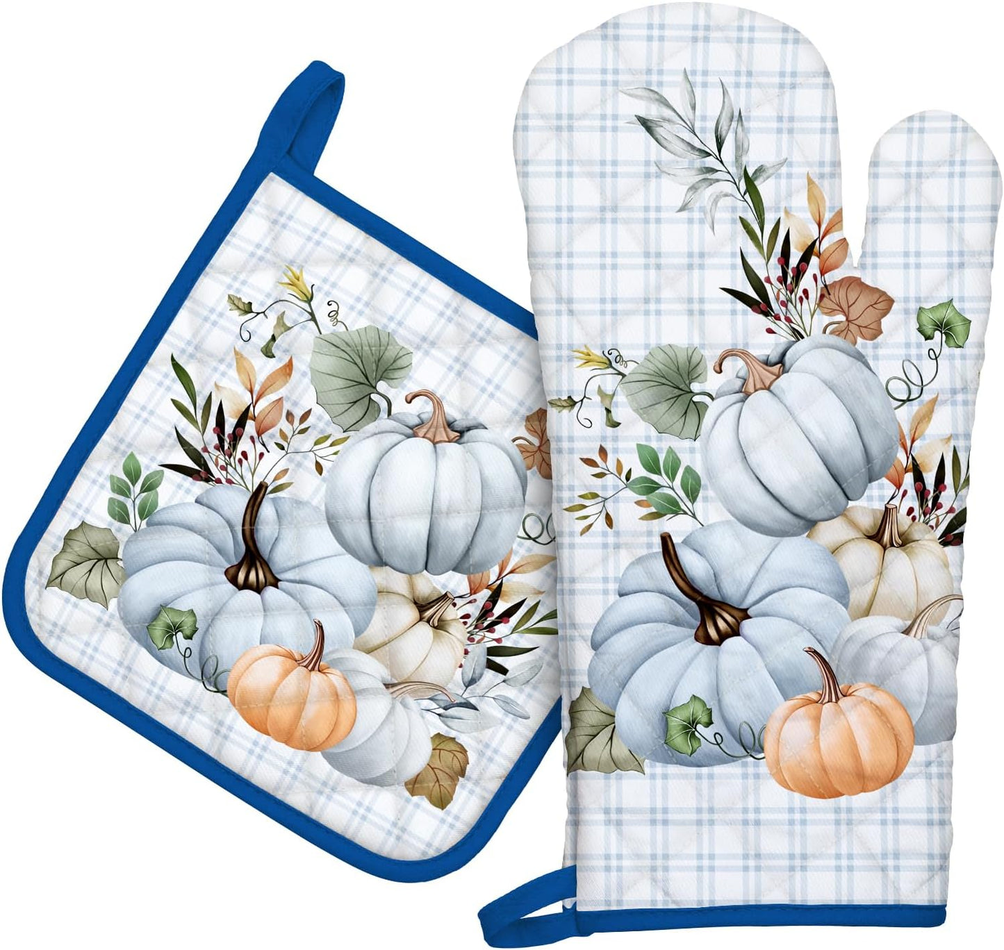 Blue Fall Pumpkin Oven Mitts and Pot Holders Sets 2Pcs, 100% Cotton Heat Resistant, Extra Long Oven Gloves Potholder for Thanksgiving Kitchen Cooking Baking Decoration
