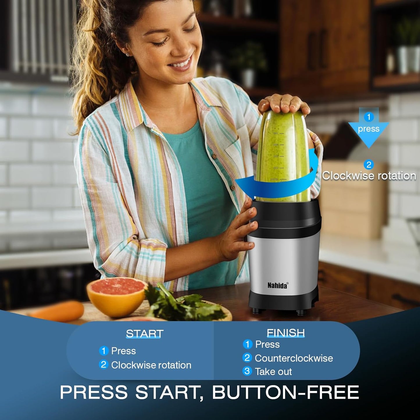 Nahida Blender for Smoothies, 1200W Smoothie Blender for Ice Crushing, Blenders with (2) 6-Fin Blades, Personal Blenders for Kitchen with 23oz, 32oz, 37oz Easy Go Cups for Juices, Silver