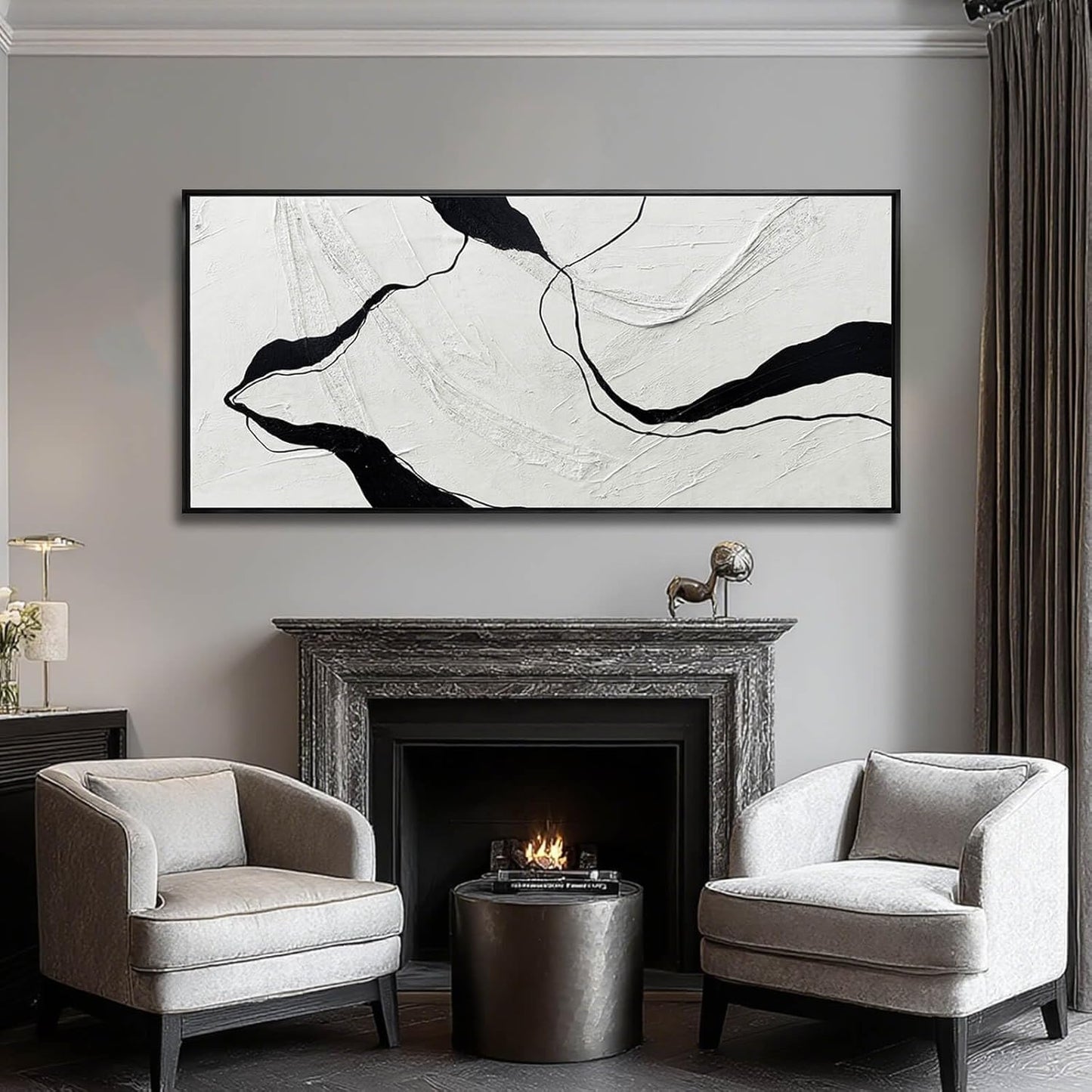 MLART99 Abstract Black and White Textured Canvas Minimalist Wall Art Modern Monochrome Painting - 32x70 Inch Contemporary Decor for Living Room Entryway