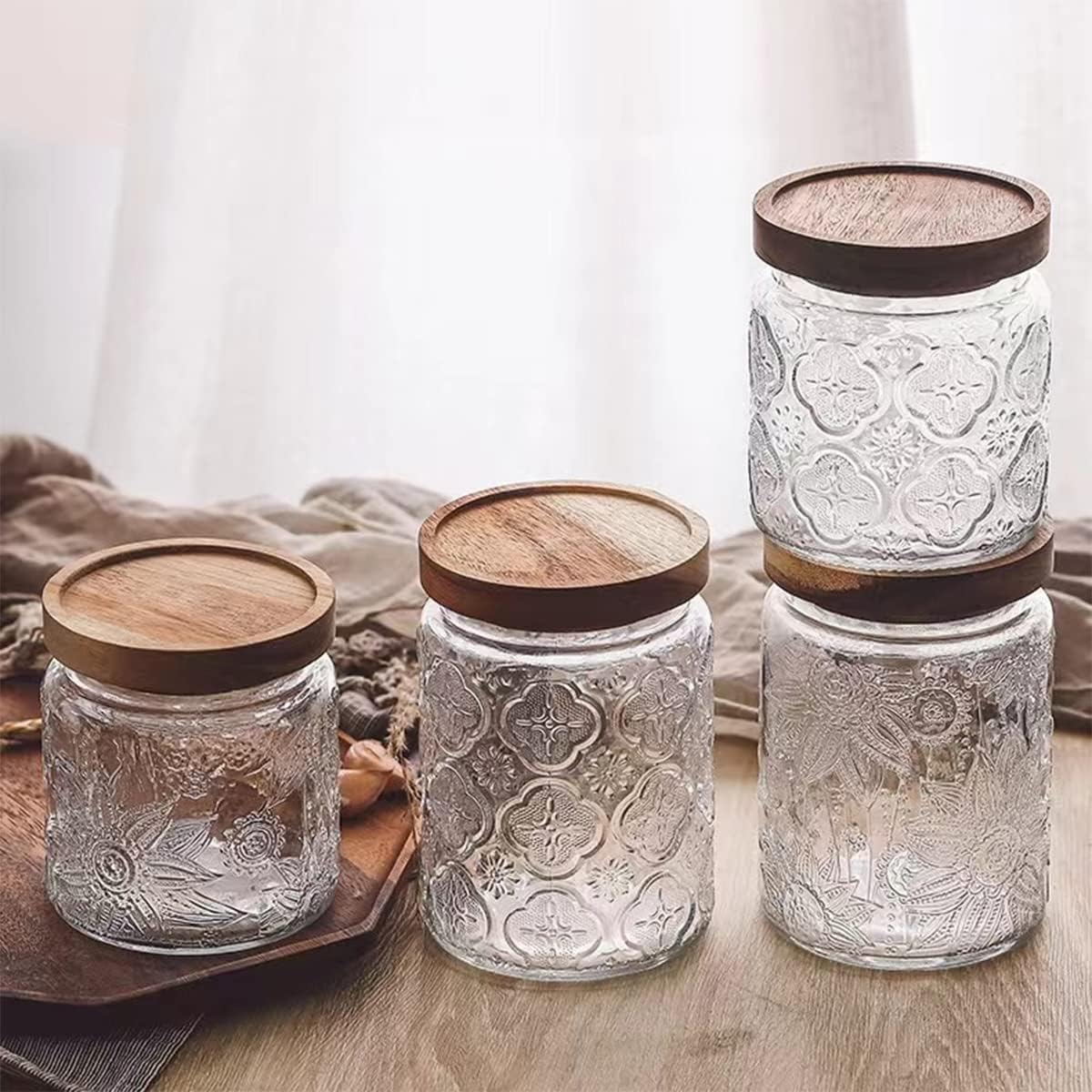 ANSQU 4 Pack Vintage Glass Storage Jar, 16.9 FL OZ Glass Canister Storage Jar Container with Airtight Wooden Lid for Kitchen Counter, Pantry, Coffee, Tea, Sugar, Cookie Jars (Begonia&Sunflower)