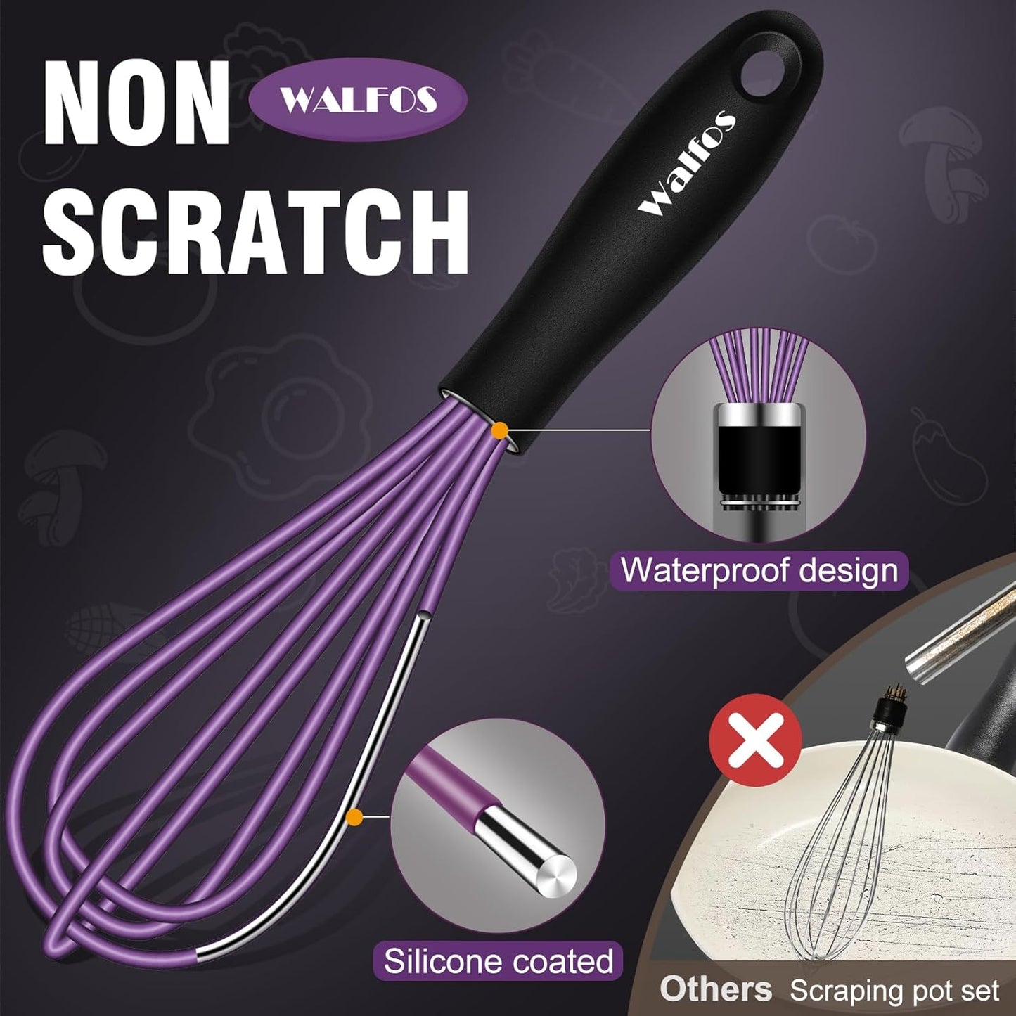 Walfos Whisk,5+7Inch Mini Whisks,Silicone Whisk Non Scratch whisk,Heat Resistant(480°F) Small whisks Suitable for stirring individual eggs and mixing small amounts of powder and sauce. Purple & Green