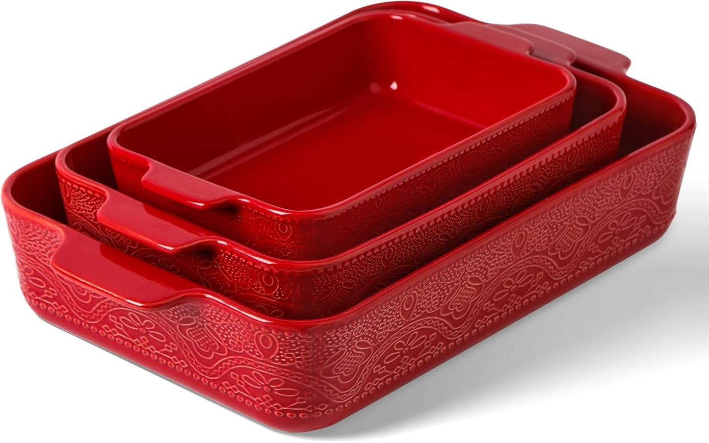 Ceramic Baking Dish Set of 3, Casserole Dishes for Oven, Ideal for Baking, Stewing, Roasting, and Holiday Feasts. The Gift for Mother's Day, Thanksgiving, Christmas, or Housewarming(Christmas Red）