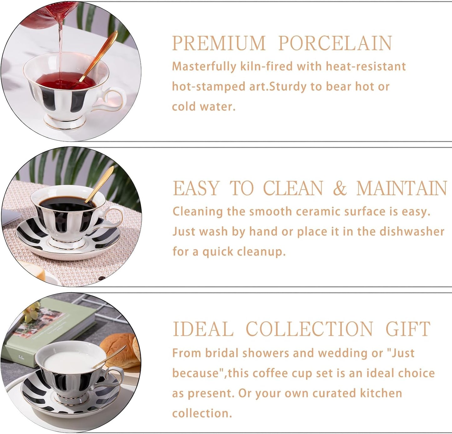 3-Piece Checkered Coffee Cup and Saucer Set with Spoon, 7oz Bone China Porcelain, Black-and-White Vintage Mug Set for Home Office and Afternoon Tea, Elegant Gift Choice