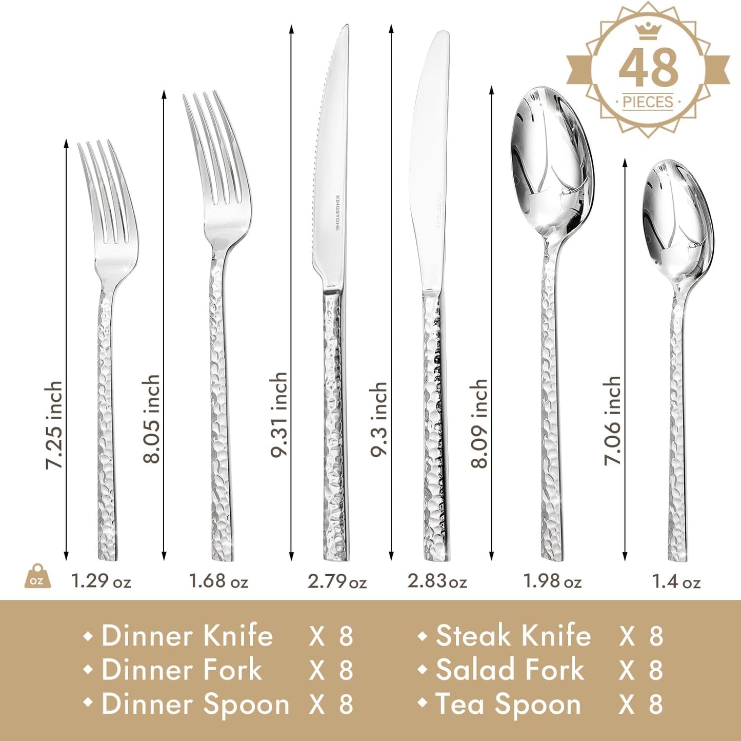 KINGSTONE 48 Piece Silverware Set with Steak Knives, Hammered Silverware Set for 8, 18/10 Stainless Steel Flatware, Cutlery Set for Home, Party, Wedding, Mirror Polished Dishwasher Safe