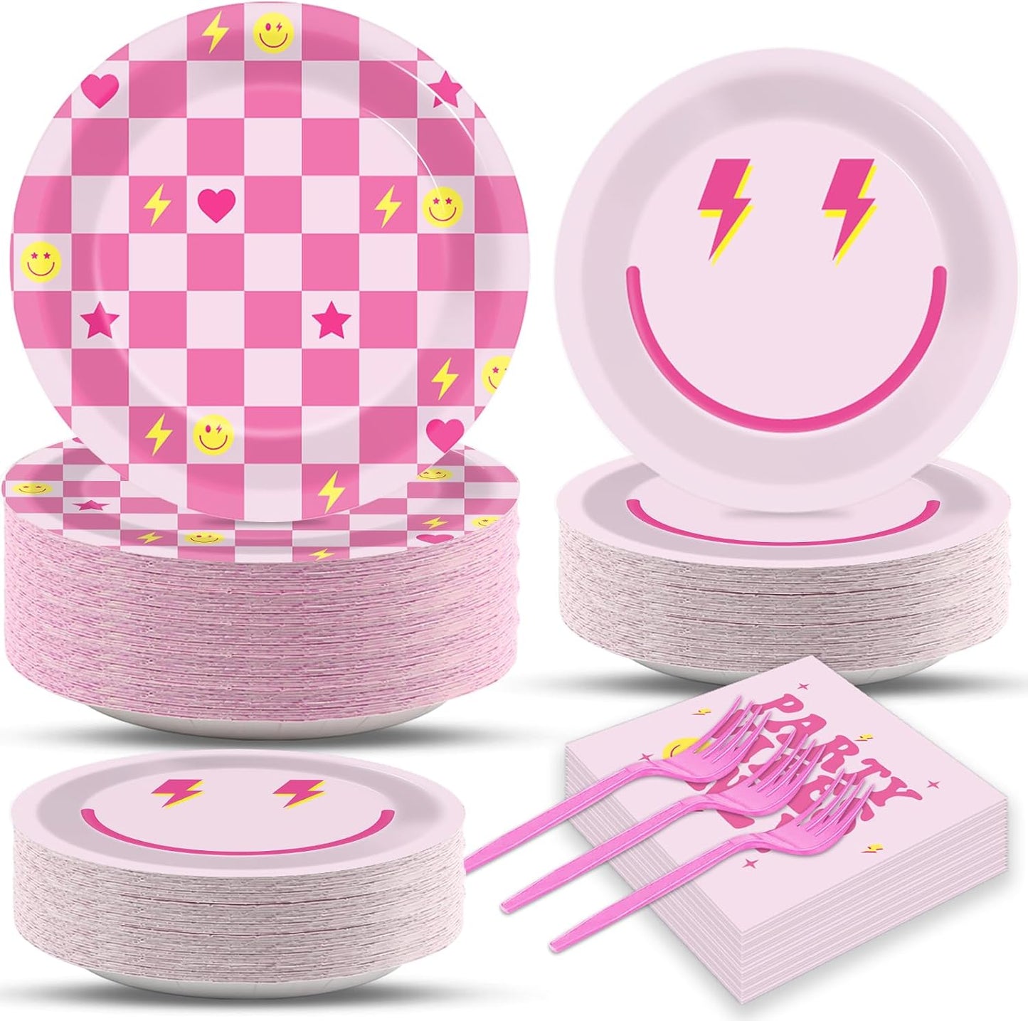 200Pcs Preppy Party Supplies Pink Smile Face Paper Plates Napkins Preppy Smile Face Party Tableware Set Dinnerware for Birthday Bachelor Baby Shower Decoration Serve 50